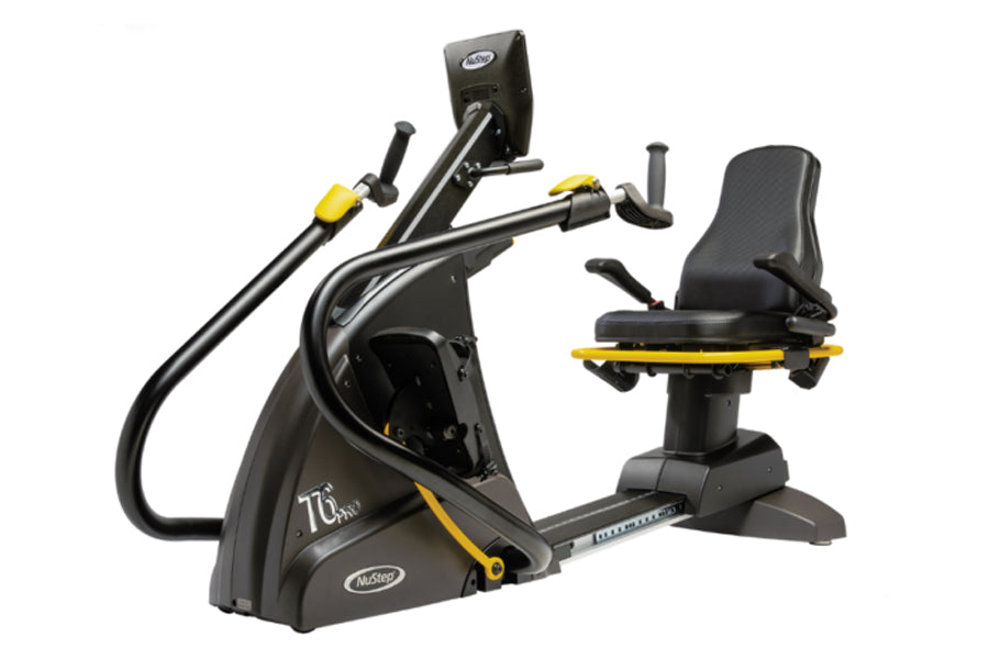 Black and yellow recumbent elliptical stepper with padded seat, handlebar controls, and footrest on white background
