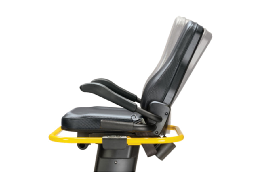 NuStep T6MAX recumbent elliptical stepper with black padded seat and backrest, yellow frame base, adjustable armrests, displa