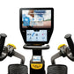 NuStep T6MAX recumbent elliptical stepper with touchscreen display showing workout app selection, dual handles with yellow ac