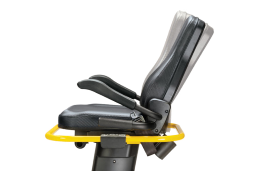 NuStep T6PRO recumbent elliptical stepper with black padded seat and backrest, yellow footrest base, and adjustable armrests 