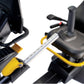 Black and yellow recumbent elliptical stepper with gray padded seat, console display, and handlebar controls on white backgro