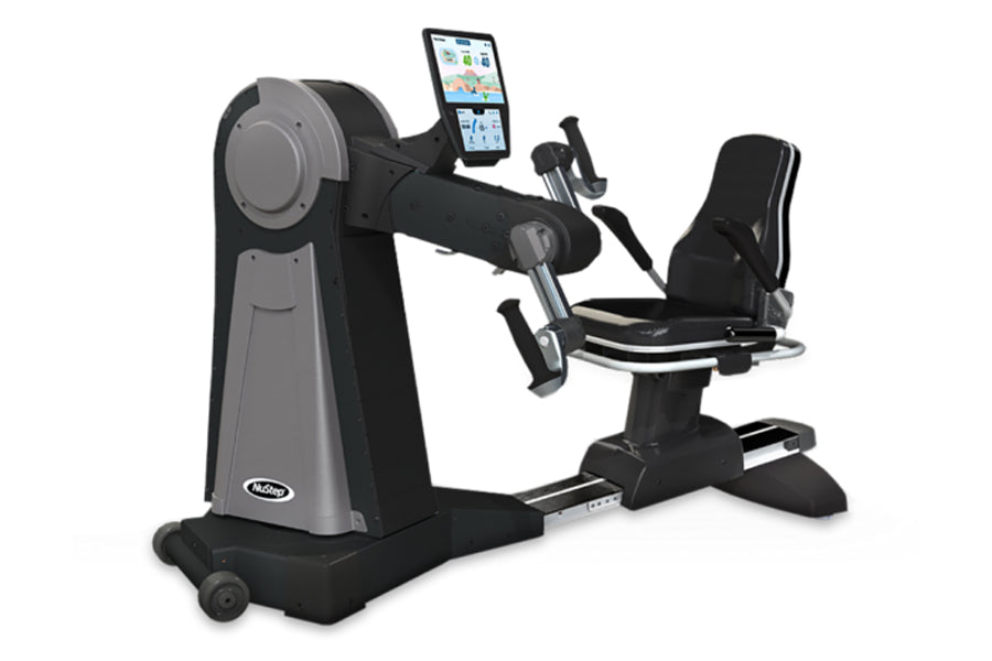 NuStep UE8PRO upper body ergometer with gray and black frame, dual handle bars, footrest, and tablet holder on white backgrou