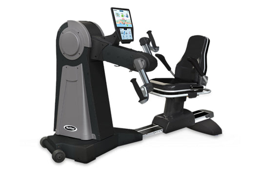 NuStep UE8PRO upper body ergometer with gray and black frame, dual handle bars, footrest, and tablet holder on white backgrou