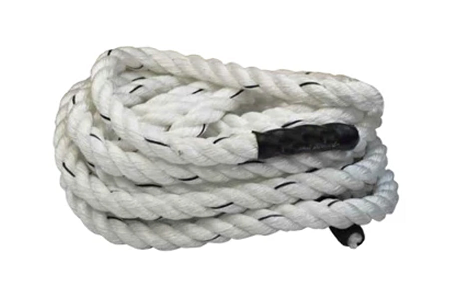 Warrior Nylon Training Rope, white twisted synthetic rope with black grip handles on ends