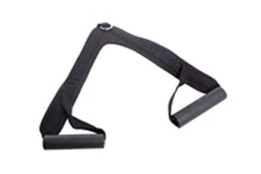 Black nylon tricep lat pull cable attachment with padded handles and metal ring connector on white background