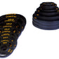 Powertec Olympic weight plates set with black rubber coating and yellow text markings, displayed in flat lay on white backgro
