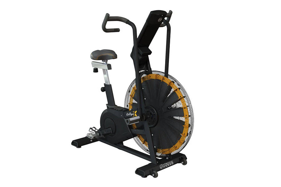Black and gold Octane Fitness Airdyne X air resistance exercise bike with curved handlebars and padded seat, shown on white b