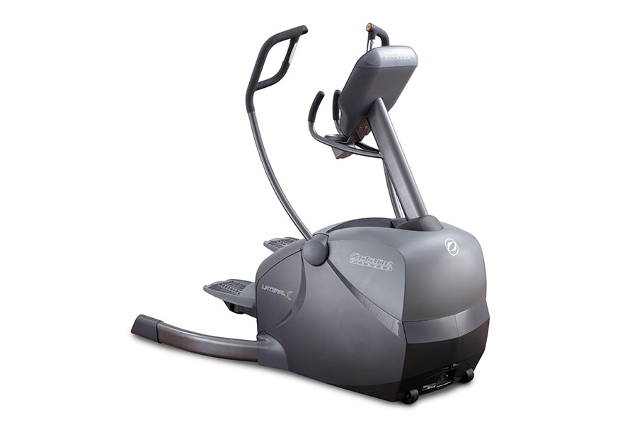 Gray and black Octane Fitness LX8000 LateralX elliptical machine with curved handles and footpads on white background