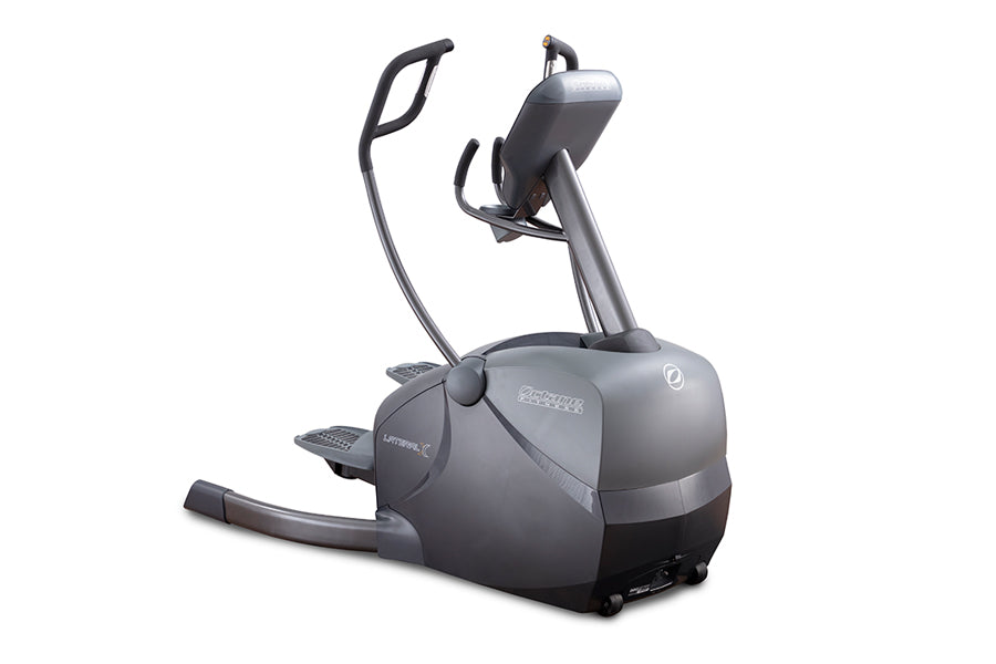 Gray and black elliptical machine with dual moving arms and touch screen console on white background