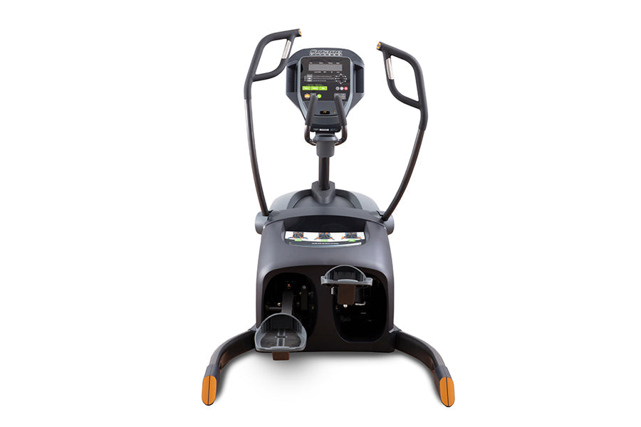 Black and gray Octane Fitness LX8000 LateralX elliptical machine with digital touch screen console, dual handles, and orange 