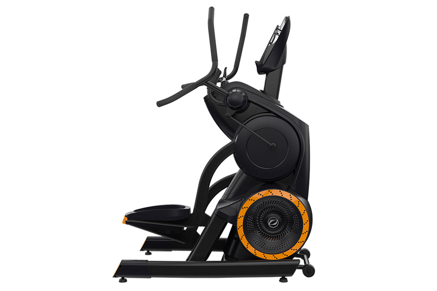 Black and orange commercial elliptical climbing machine with dual handles and large pedals on white background