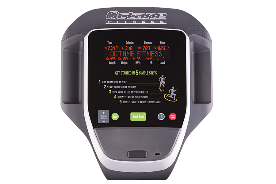 Octane Fitness ZR7000 Zero Runner with digital display showing workout metrics, gray and white frame, control buttons on whit