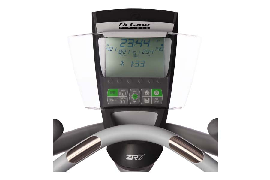 Octane Fitness ZR7 Zero Runner with digital console displaying workout metrics and time, black and gray frame with silver han
