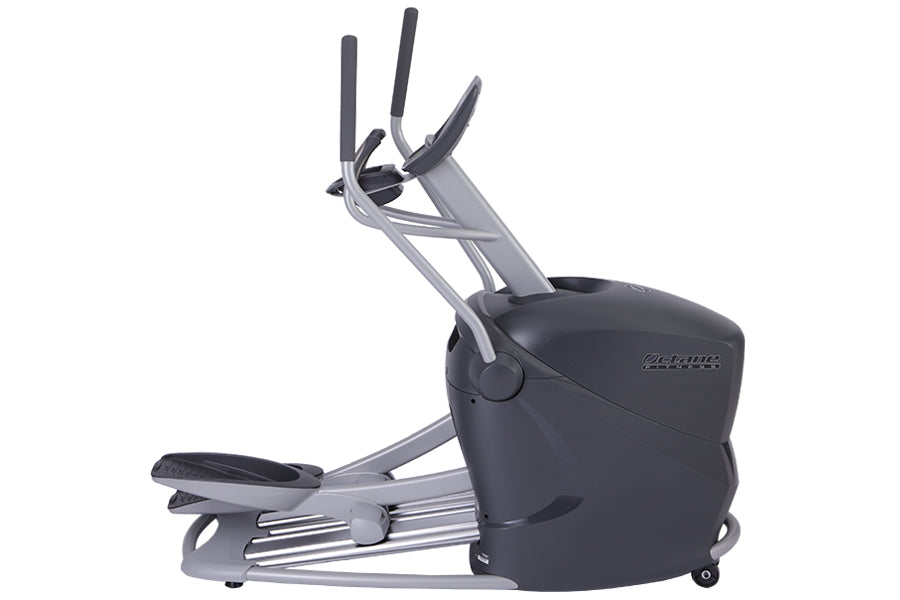 Octane Q35x home elliptical machine with gray frame, black seat and console, and dual handlebar grips on white background