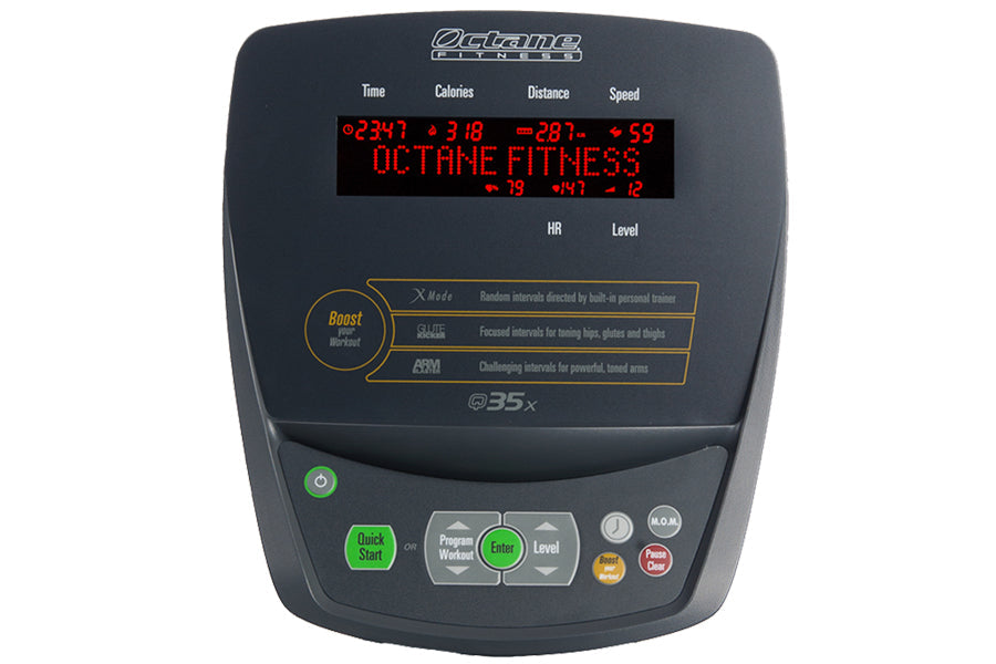 Octane Q35x home elliptical machine with dark gray frame, red LED display showing fitness metrics, and green control buttons 
