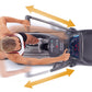 Woman using Octane Q35x elliptical machine, viewed from above, with adjustable stride arrows shown on white background