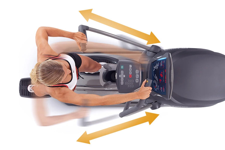Woman using Octane Q35x elliptical machine, viewed from above, with adjustable stride arrows shown on white background