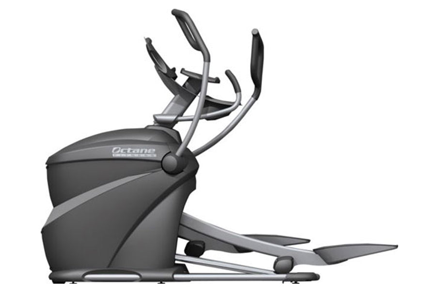 Black and gray Octane Q37x elliptical machine with curved handles and extended footrests on white background
