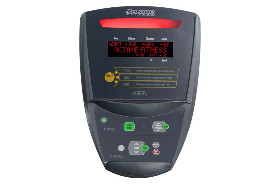Octane Q37x elliptical machine with digital display showing time, calories, distance and speed metrics, black frame with red 