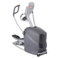 Gray and black elliptical machine with curved handles and foot pedals on white background