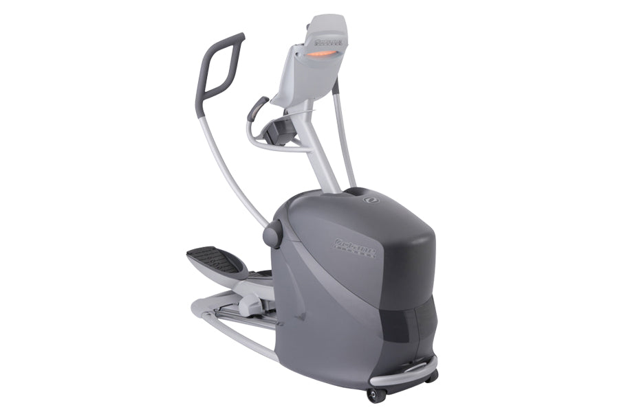 Gray and black elliptical machine with curved handles and foot pedals on white background