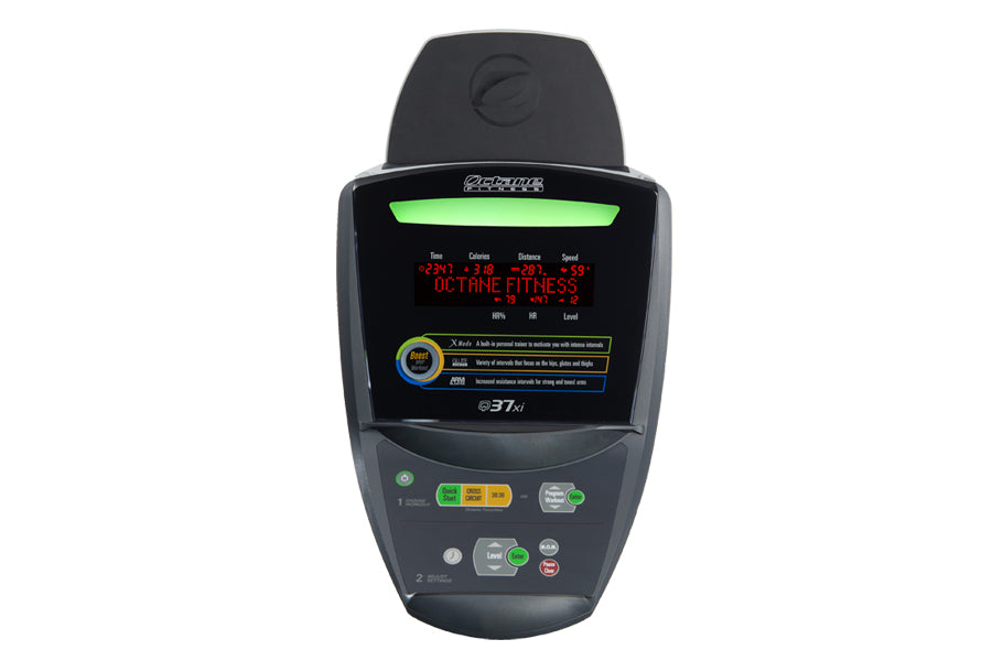 Octane Q37xi elliptical machine with black frame, digital display showing fitness metrics, and green and yellow control butto