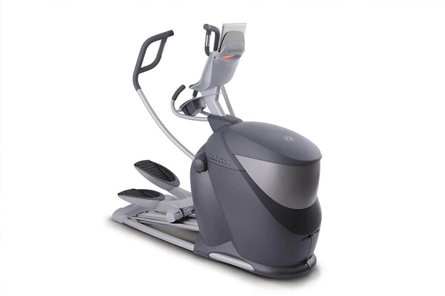 Octane Q47x elliptical machine with gray and black frame, dual handles, foot pedals, and digital display console on white bac