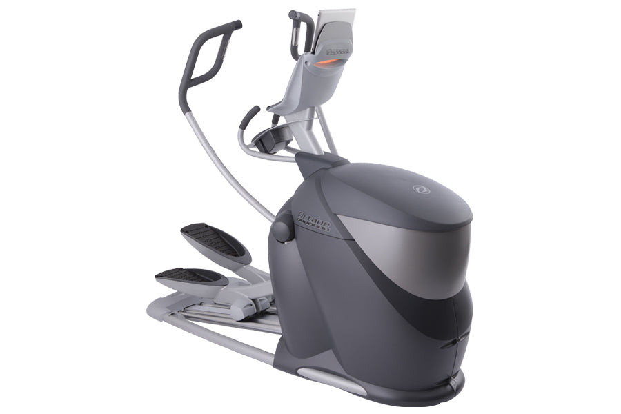 Gray and black elliptical machine with dual handles and foot pedals on white background