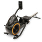 Black recumbent rowing machine with orange accents, digital display console, and adjustable seat on white background