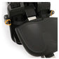 Black rowing machine with orange carabiner clips and padded footrest, overhead view on white background