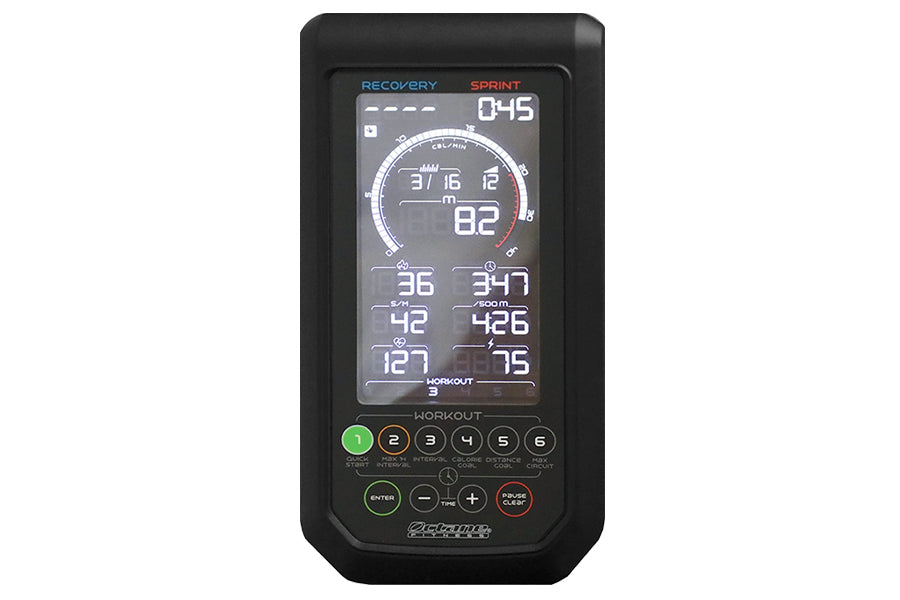 Black rower console displaying Recovery and Sprint metrics with digital readout showing time, distance, and workout statistic