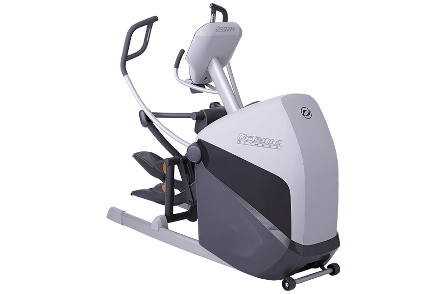 Gray and black elliptical cross trainer with moving handles, footpedals, and tablet holder mounted on white background