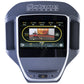 Octane XT-One elliptical cross trainer with blue and white frame, touchscreen display showing workout metrics and video class