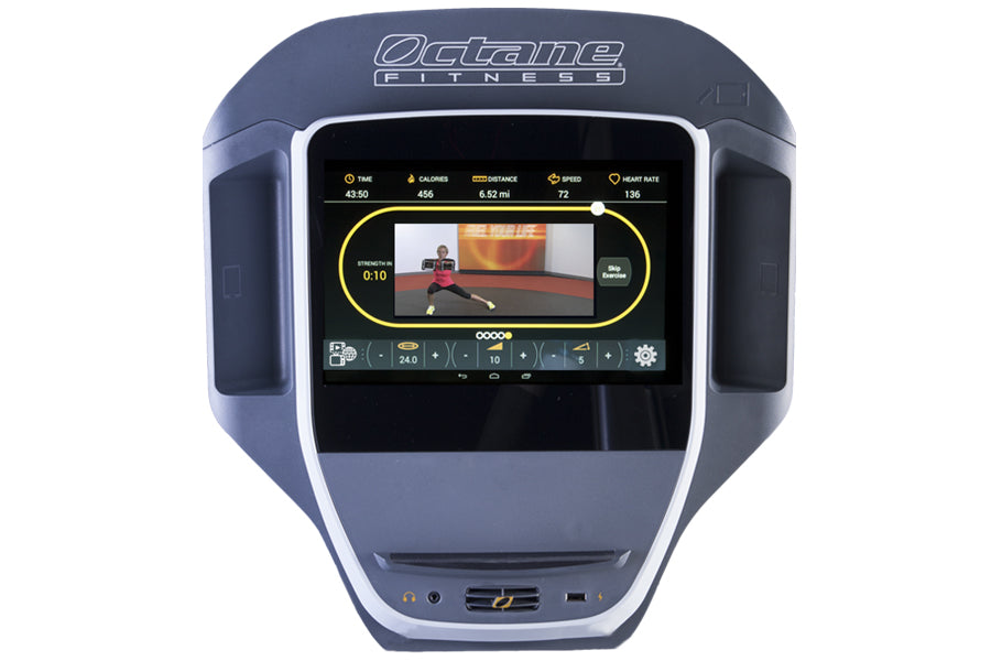 Octane XT-One elliptical cross trainer with blue and white frame, touchscreen display showing workout metrics and video class