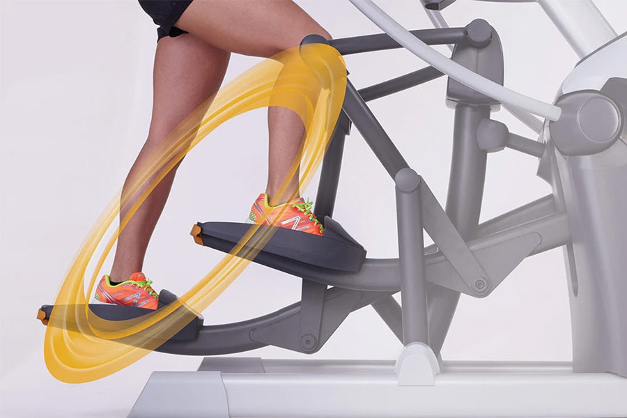 Person using gray elliptical machine with yellow motion graphics overlay showing leg movement, wearing red and orange athleti