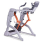 Gray and orange elliptical machine with curved frame, orange pedals, black foot platform, and gray upright handles on white b