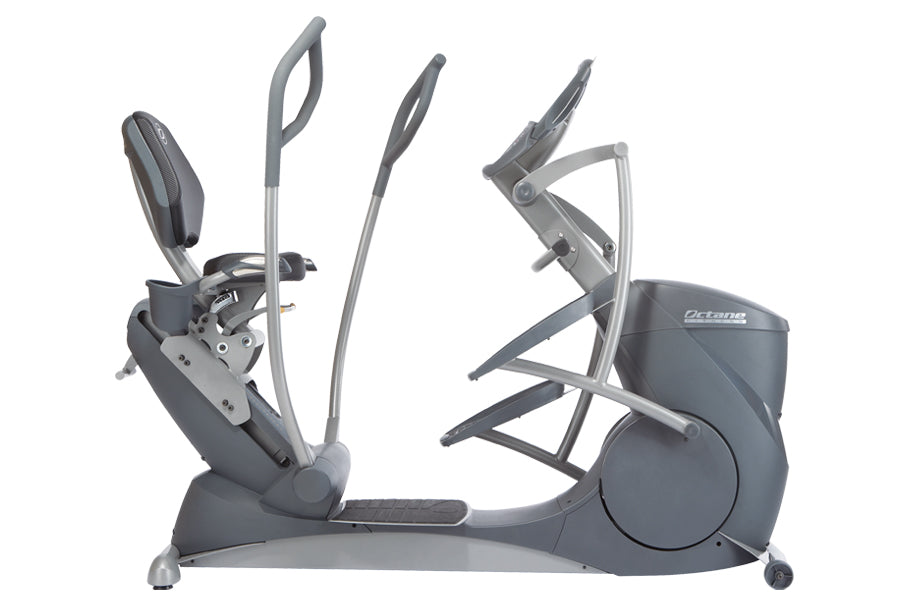 Gray and silver recumbent elliptical machine with dual handlebars and foot pedals, shown on white background