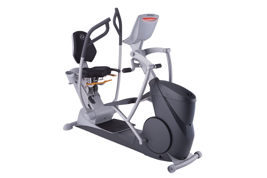 Octane xR6x seated elliptical machine in gray and black with dual moving handles and footrests on white background