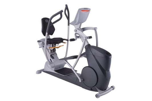 Octane xR6x seated elliptical machine in gray and black with dual moving handles and footrests on white background