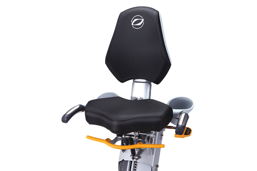 Black and gray seated elliptical machine with orange handlebars and branded headrest, front view on white background