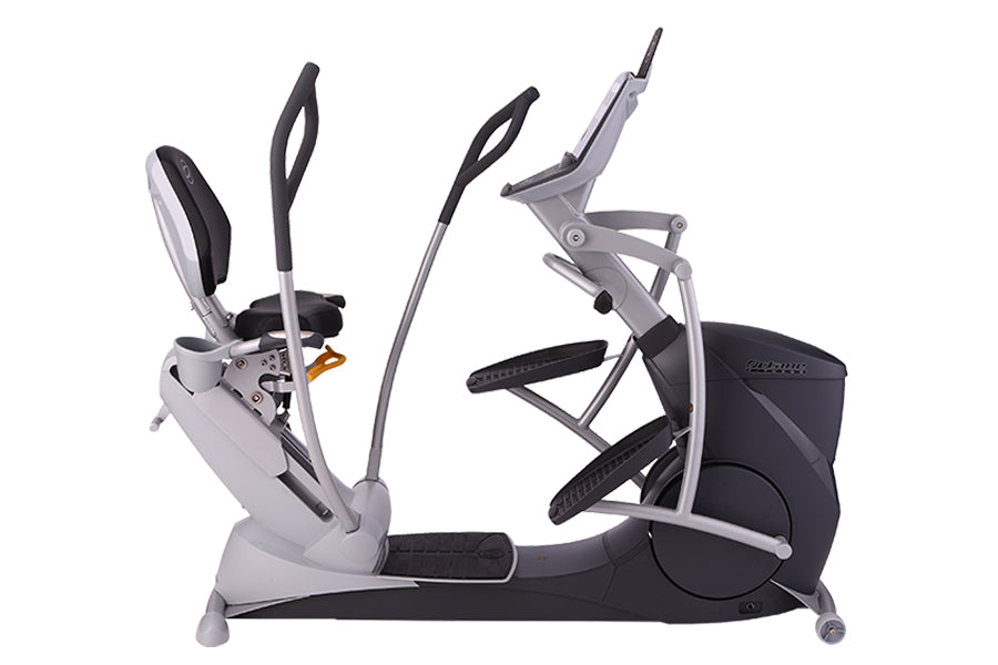 Octane xR6x seated elliptical with gray frame, black footpads, dual moving handlebars, and digital display console on white b