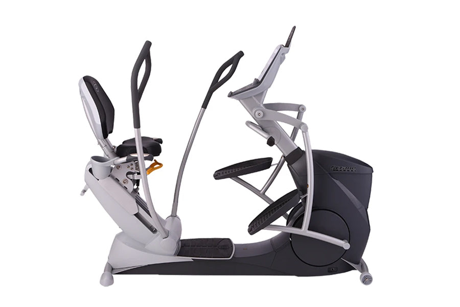 Octane xR6xi seated elliptical machine with white and black frame, dual handles, and footrest pedals on white background