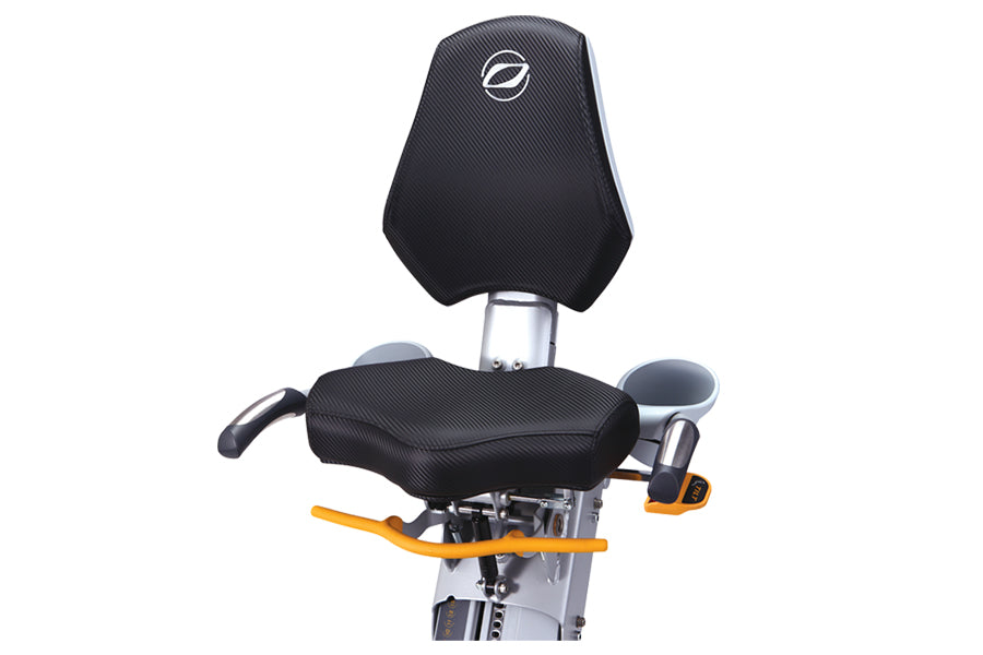 Octane xR6xi seated elliptical with black padded seat and backrest, silver metal frame, and yellow foot pedals on white backg