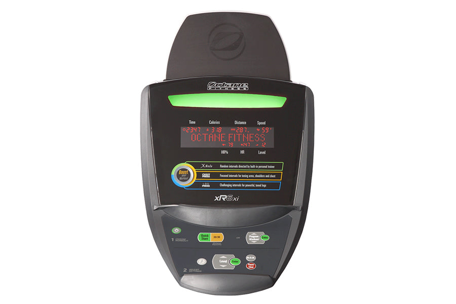 Black Octane XR6xi seated elliptical machine with digital display screen showing fitness metrics and green accent lighting