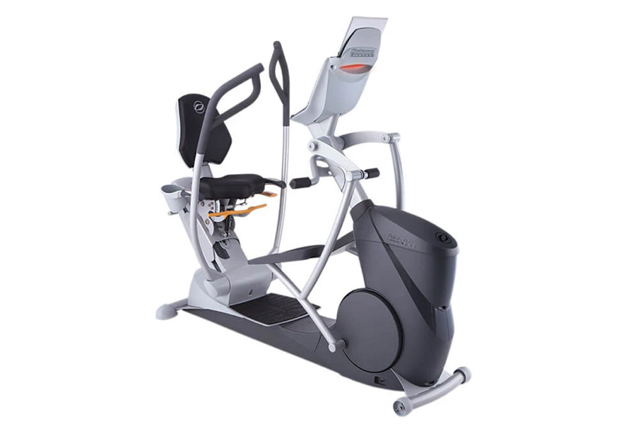 Octane xR6xi seated elliptical machine with gray and black frame, digital display console, and black seat on white background