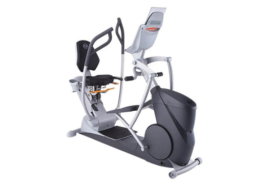 Octane xR6xi seated elliptical machine with gray and black frame, digital display console, and black seat on white background