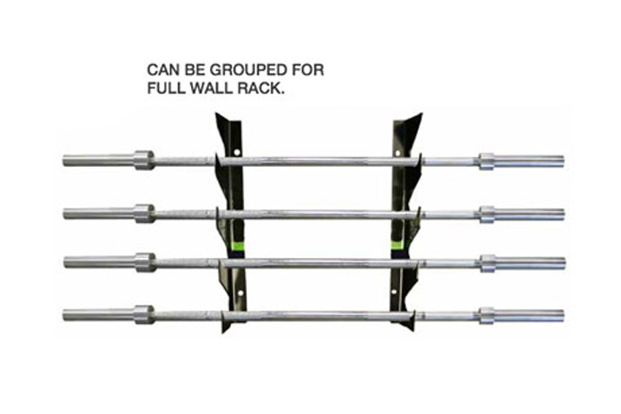 Warrior Olympic bar wall rack with four horizontal chrome bars mounted on black steel brackets, can be grouped for full wall 