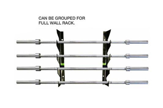 Warrior Olympic bar wall rack with four horizontal chrome bars mounted on black steel brackets, can be grouped for full wall 