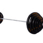Powertec Olympic weight set with black rubber plates labeled in orange, chrome bar, and collars on white background