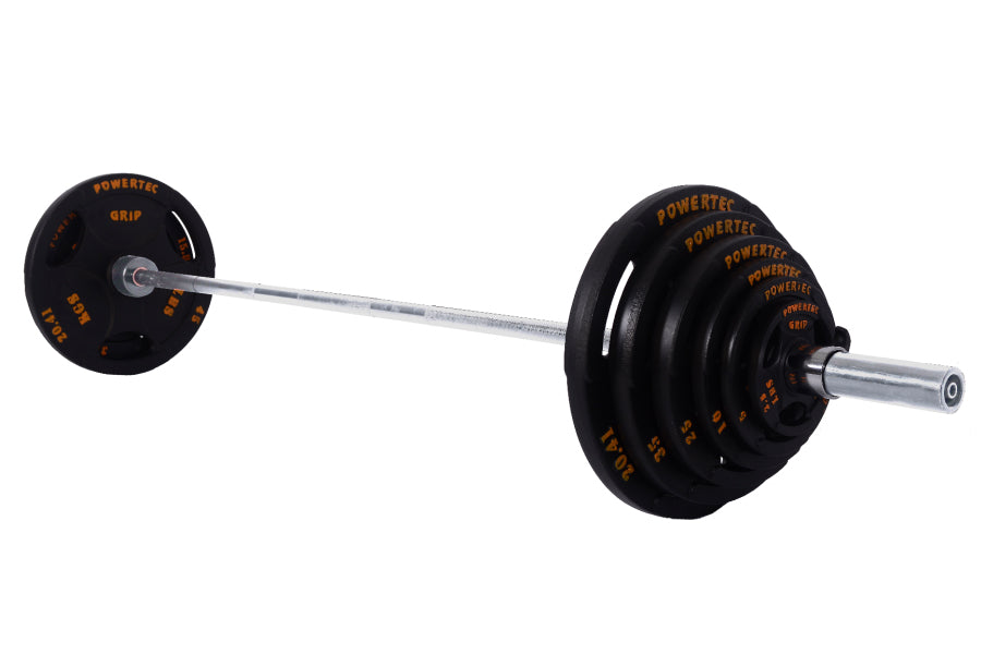 Powertec Olympic weight set with black rubber plates labeled in orange, chrome bar, and collars on white background